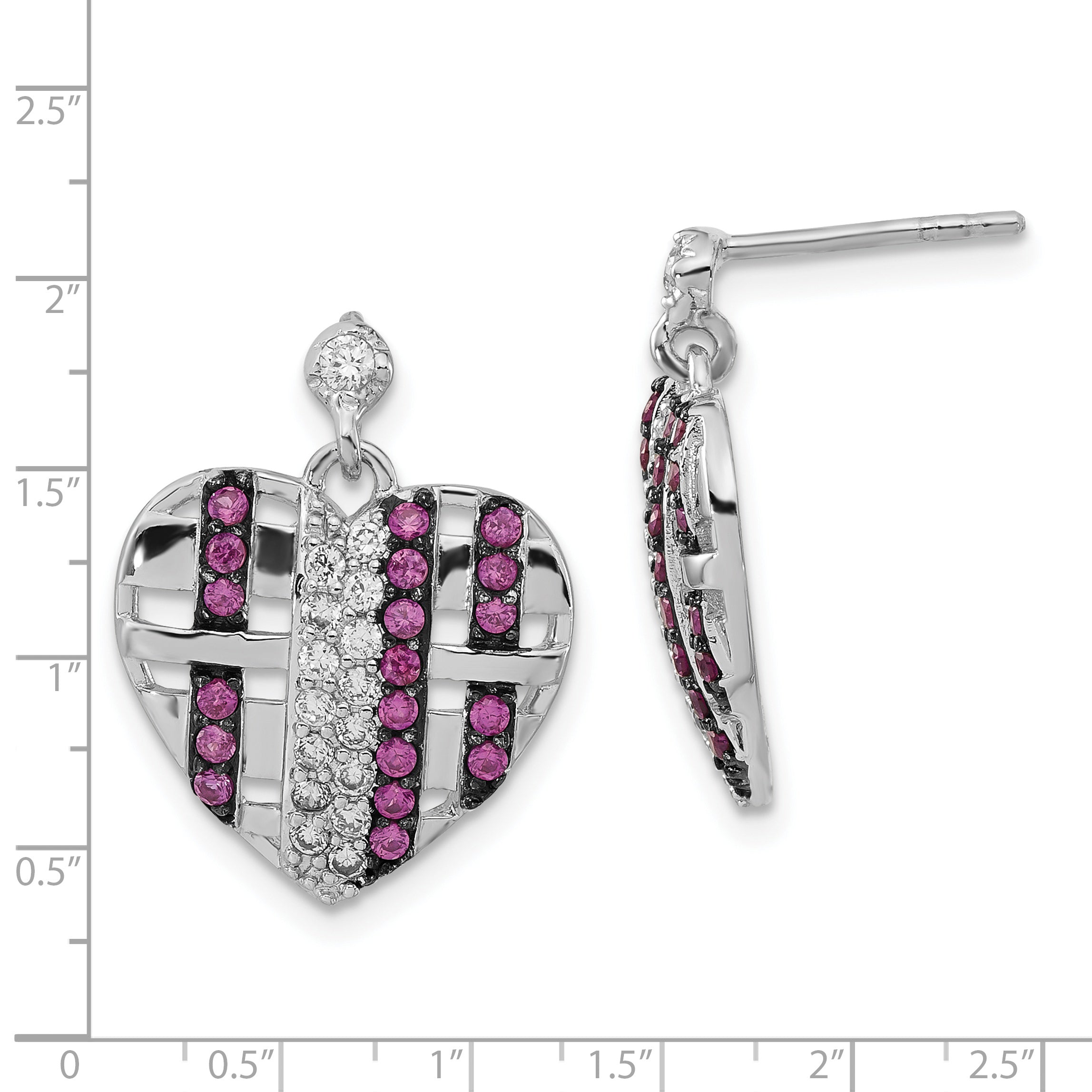 Sterling Silver W/Synthetic Ruby & CZ Heart Dangle Post Earrings QE12517