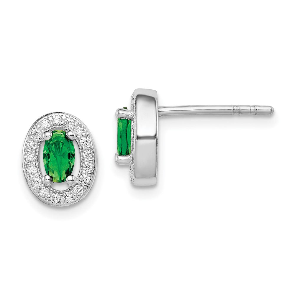 Sterling Silver Rhod-plated w/ Green and White CZ Oval Stud Earrings