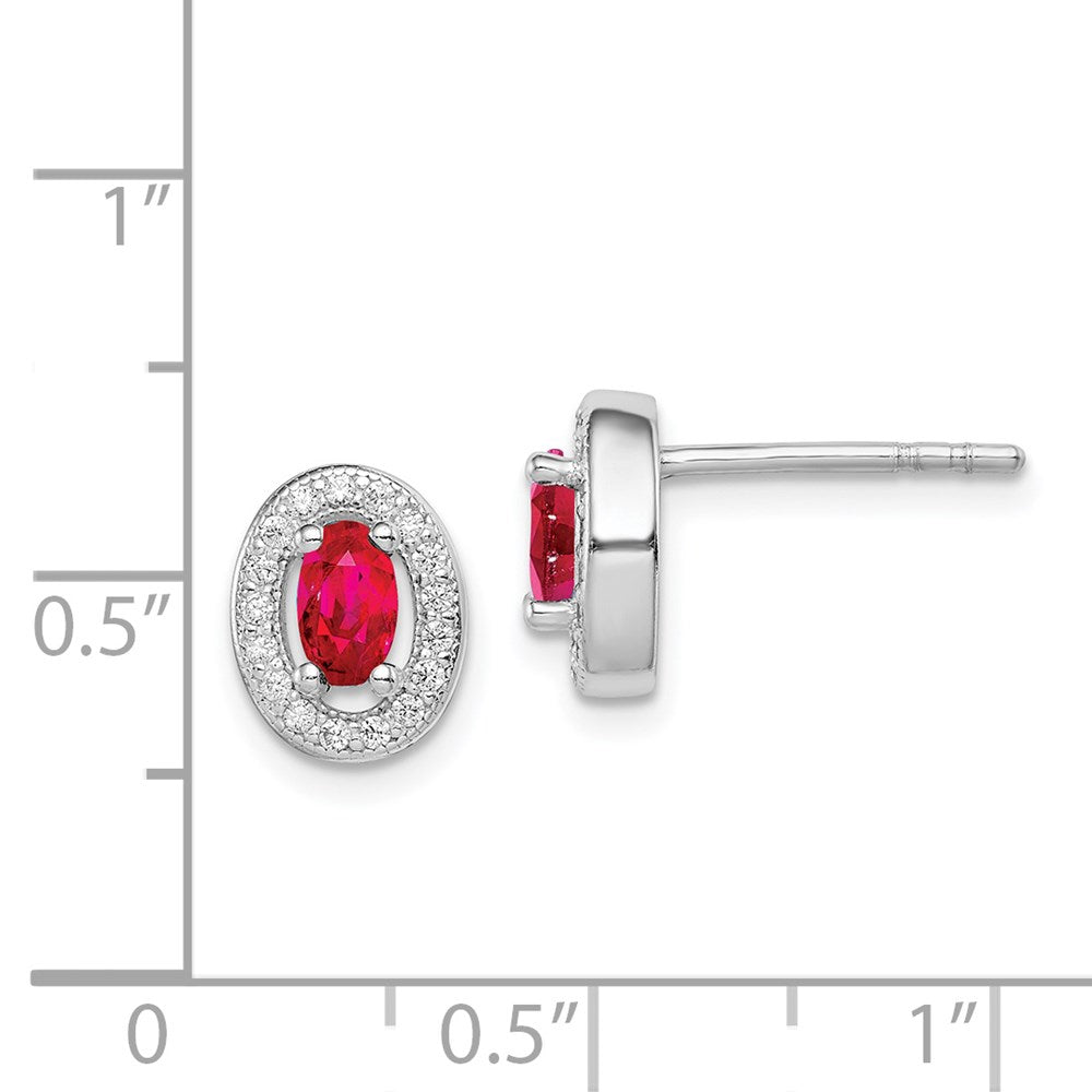 Sterling Silver Rhod-plated Red and White CZ Oval Stud Earrings