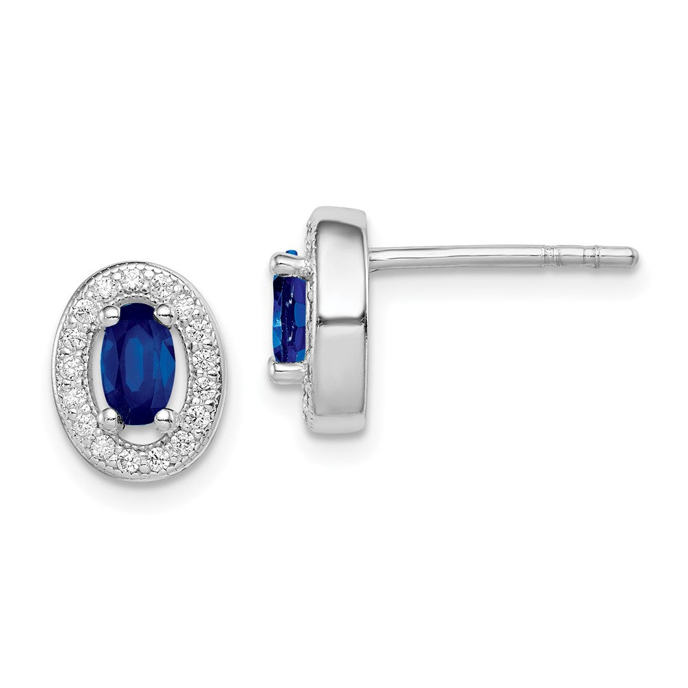 Sterling Silver Rhod-plated Blue and White CZ Oval Stud Earrings