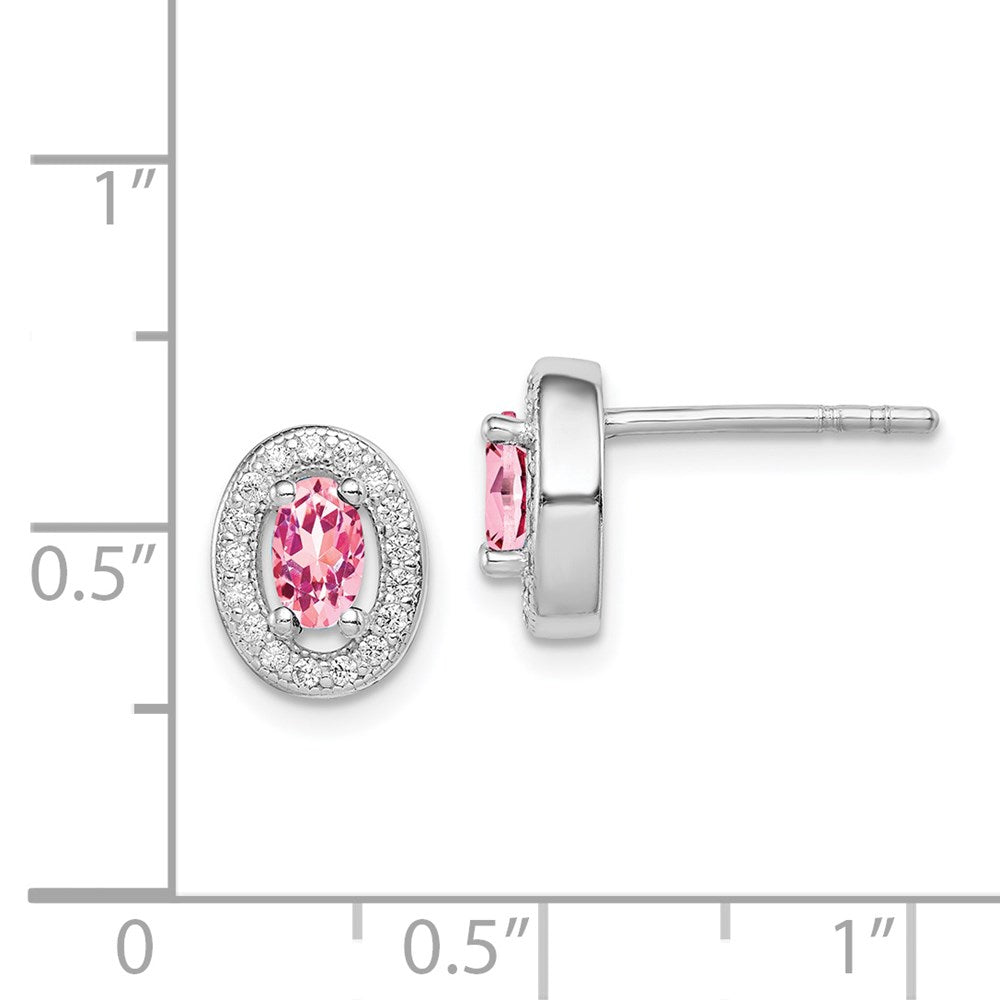 Sterling Silver Rhod-plated Pink and White CZ Oval Stud Earrings