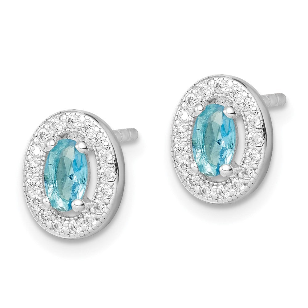 Sterling Silver Rhod-plated Blue and White CZ Oval Stud Earrings