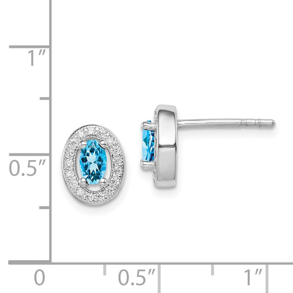 Sterling Silver Rhod-plated Blue and White CZ Oval Stud Earrings