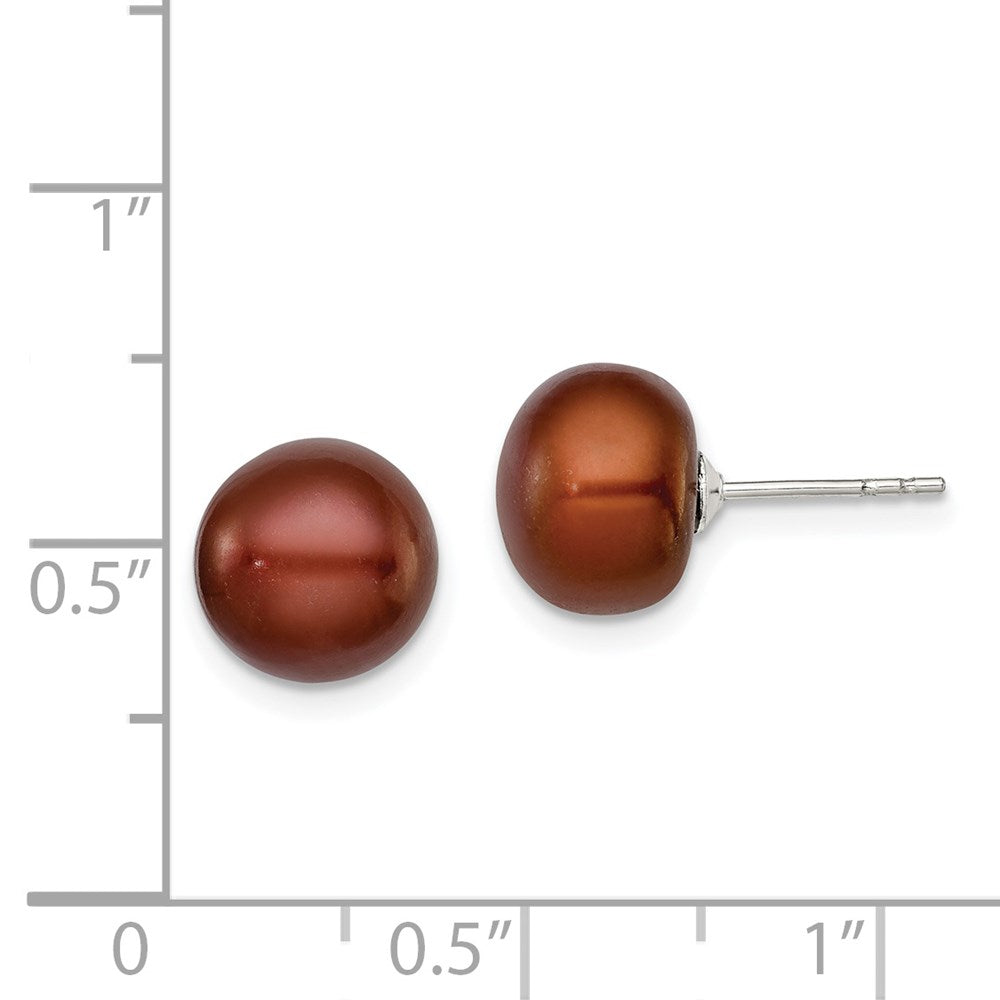 Sterling Silver Rh-plated 9-10mm Brown FWC Button Pearl Earrings