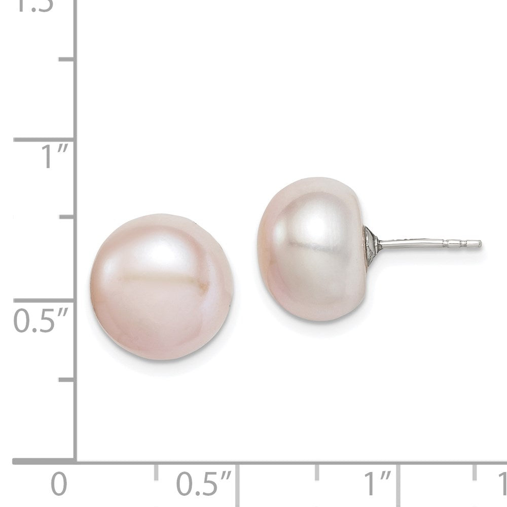 Sterling Silver Rh-pl 11-12mm Pink FW Cultured Button Pearl Stud Earrings