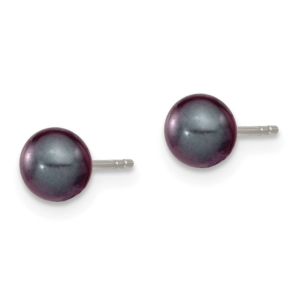 Sterling Silver Rh-plated 5-6mm Black FW Cultured Round Pearl Stud Earrings