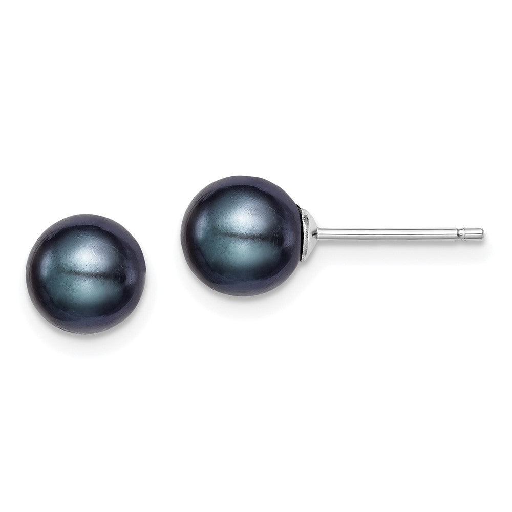 Sterling Silver Rh-plated 7-8mm Black FW Cultured Round Pearl Stud Earrings