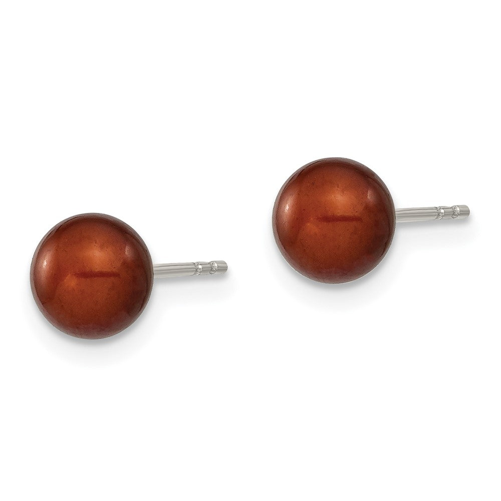 Sterling Silver Rhodium Plated 6-7mm Coffee Round Freshwater Cultured Pearl Post Stud Earrings