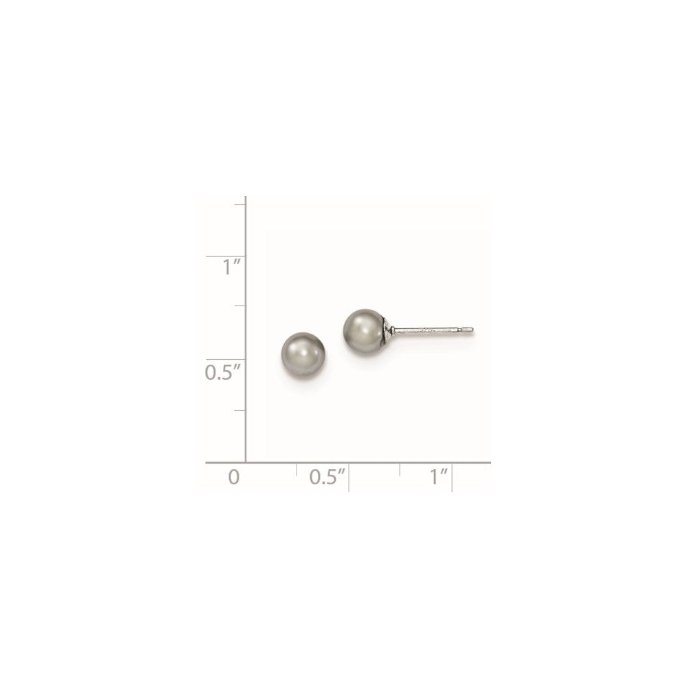 Sterling Silver Rhodium Plated 5-6mm Grey Round Freshwater Cultured Pearl Post Stud Earrings