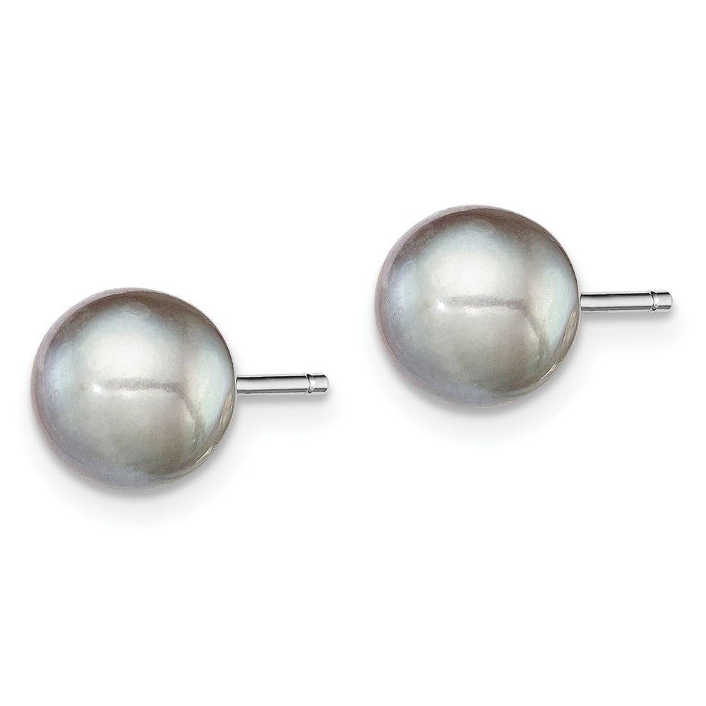 Sterling Silver Rhodium Plated 7-8mm Grey Round Freshwater Cultured Pearl Post Stud Earrings