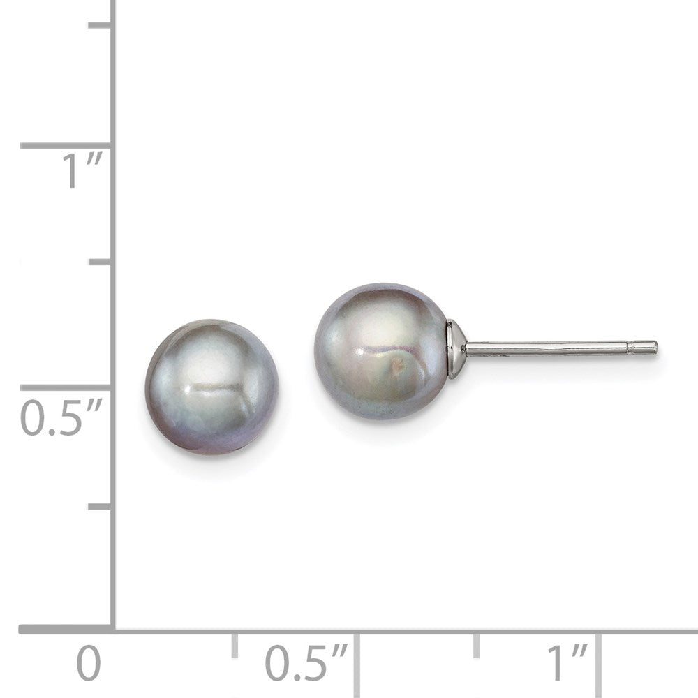 Sterling Silver Rhodium Plated 7-8mm Grey Round Freshwater Cultured Pearl Post Stud Earrings