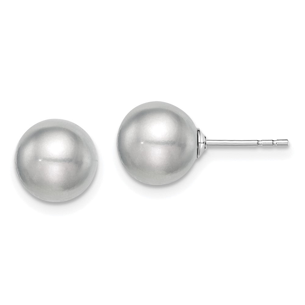 Sterling Silver Rhodium Plated 8-9mm Grey Round Freshwater Cultured Pearl Post Stud Earrings