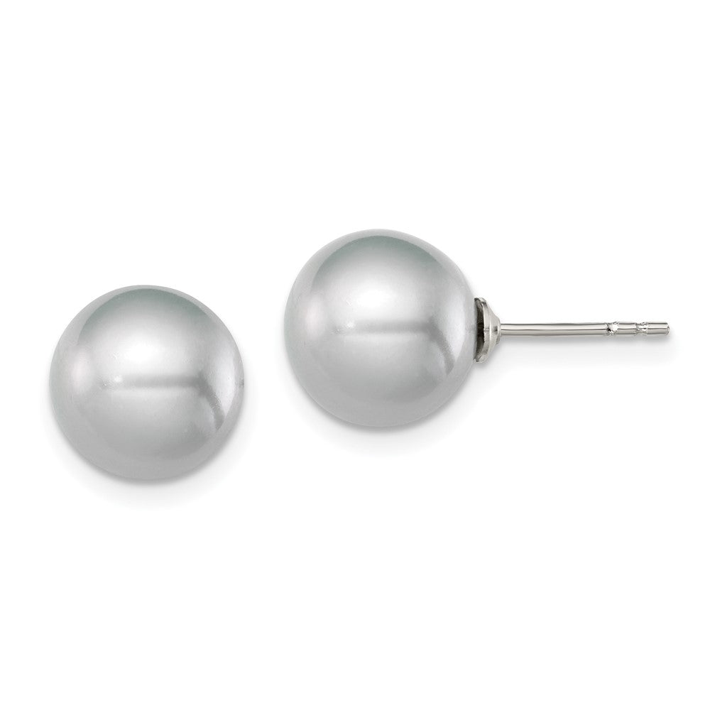 Sterling Silver Rhodium Plated 9-10mm Grey Round Freshwater Cultured Pearl Post Stud Earrings