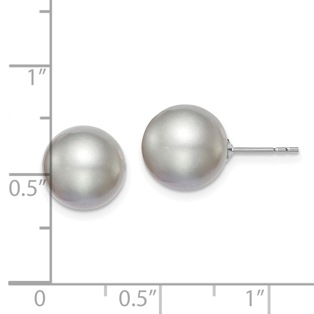 Sterling Silver Rhodium Plated 10-11mm Grey Round Freshwater Cultured Pearl Post Stud Earrings