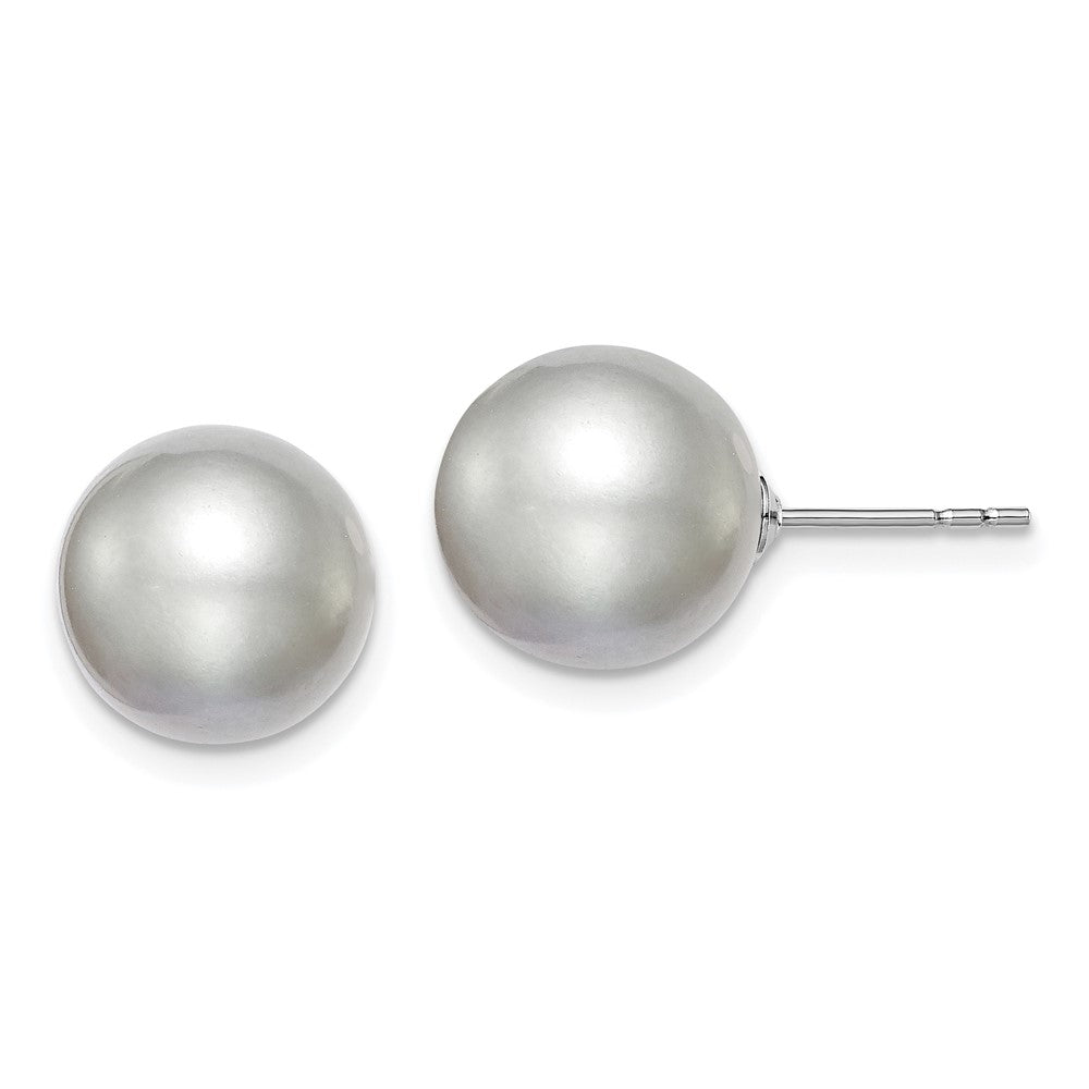 Sterling Silver Rhodium Plated 10-11mm Grey Round Freshwater Cultured Pearl Post Stud Earrings