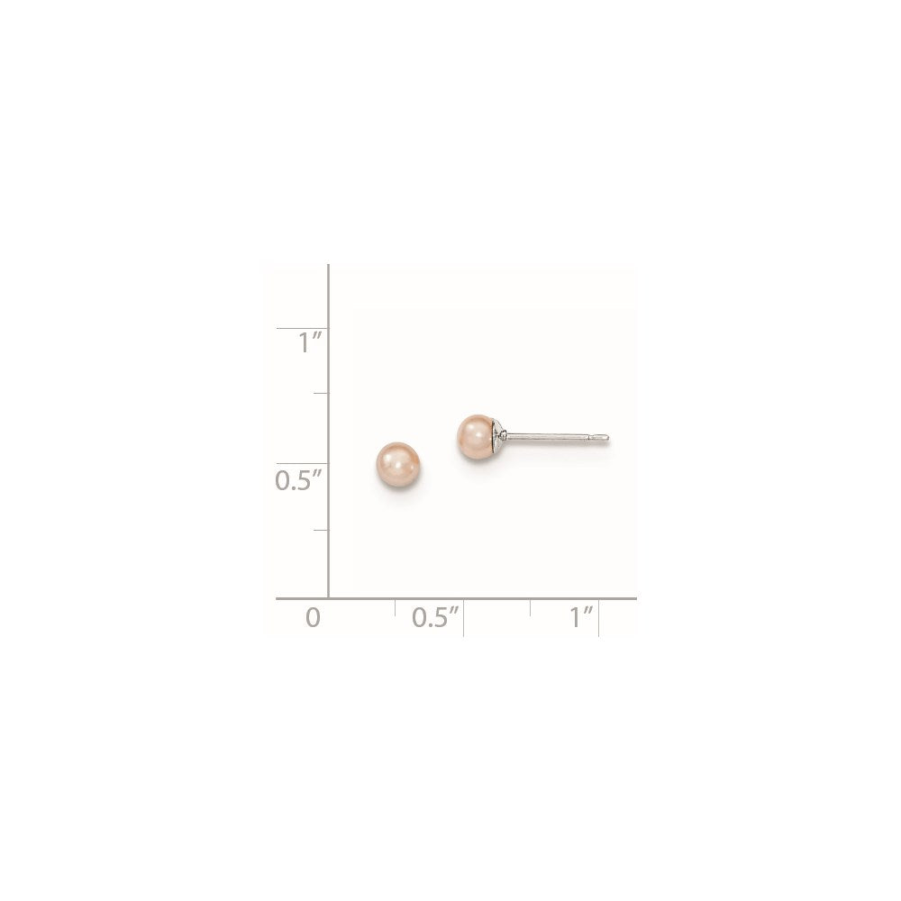 Sterling Silver Rhodium Plated 3-4mm Pink Round Freshwater Cultured Pearl Post Stud Earrings