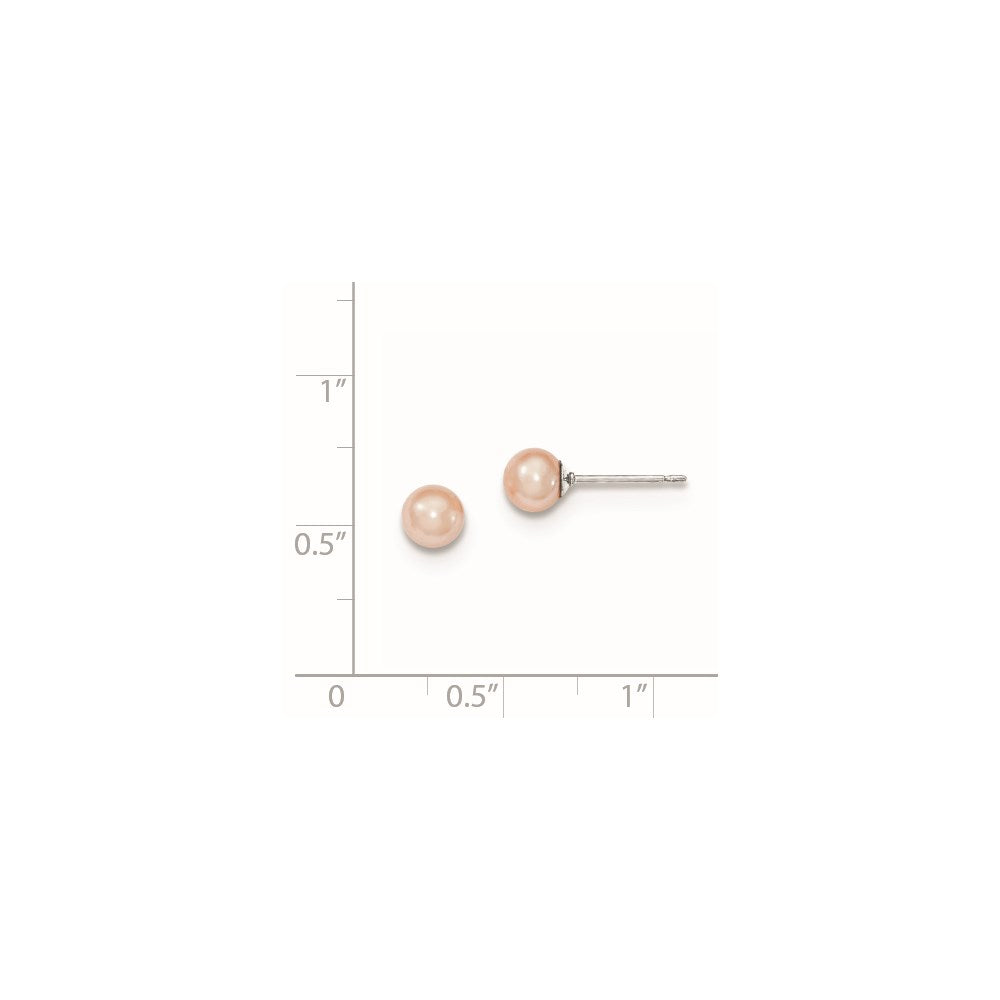 Sterling Silver Rhodium Plated 5-6mm Pink Round Freshwater Cultured Pearl Post Stud Earrings