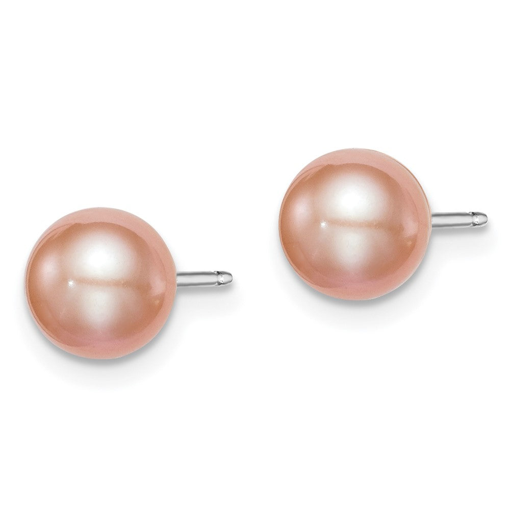 Sterling Silver Rhodium Plated 6-7mm Pink Ropund Freshwater Cultured Pearl Post Stud Earrings