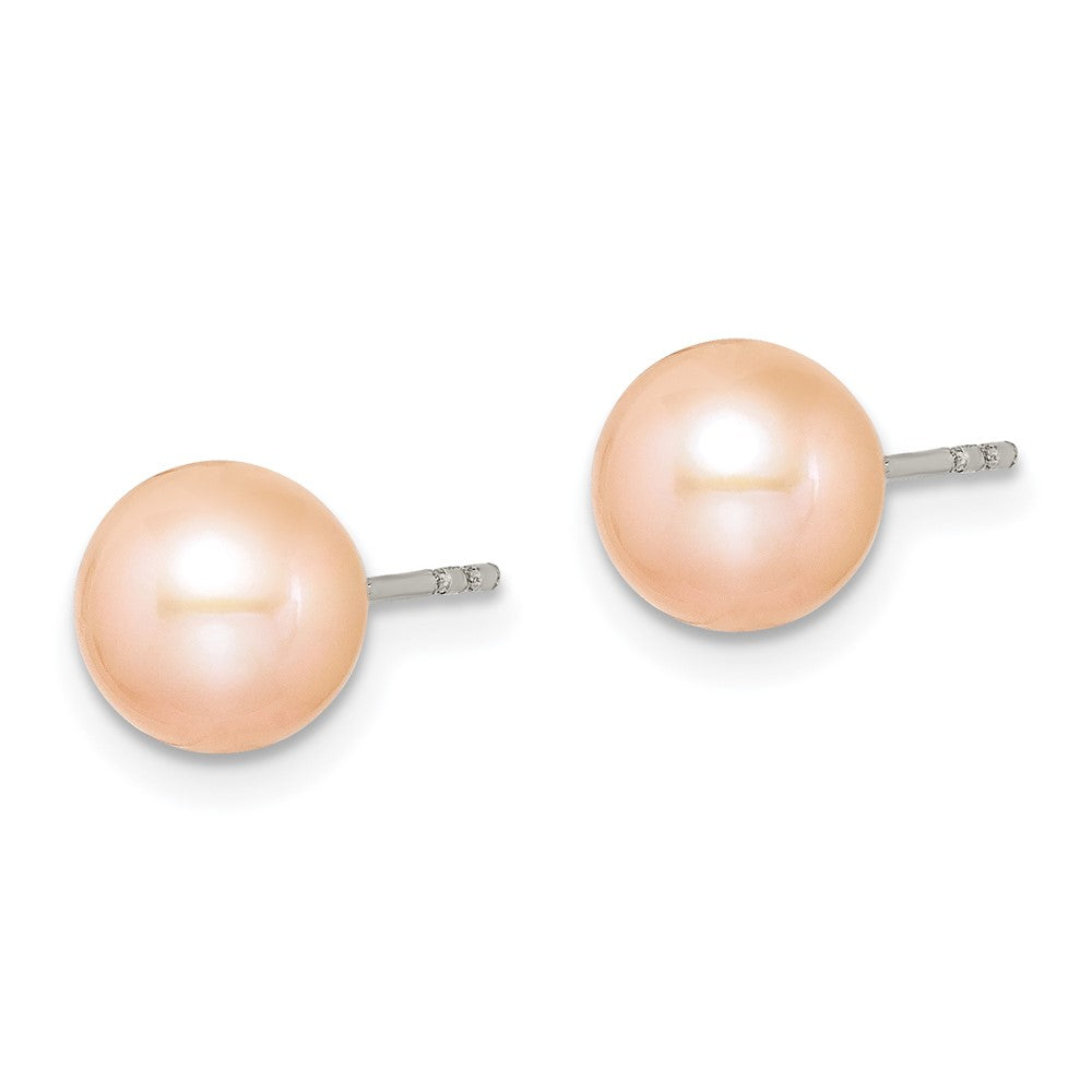 Sterling Silver Rhodium Plated 7-8mm Pink Round Freshwater Cultured Pearl Post Stud Earrings