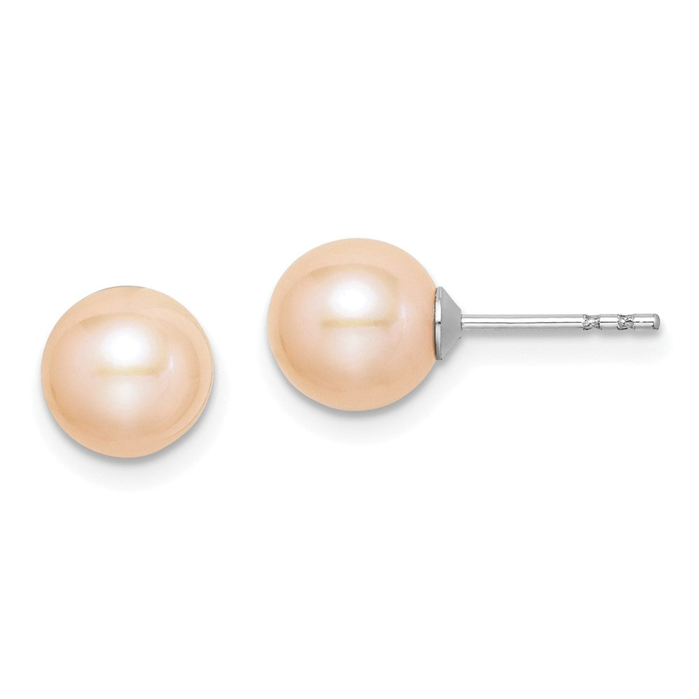 Sterling Silver Rhodium Plated 7-8mm Pink Round Freshwater Cultured Pearl Post Stud Earrings