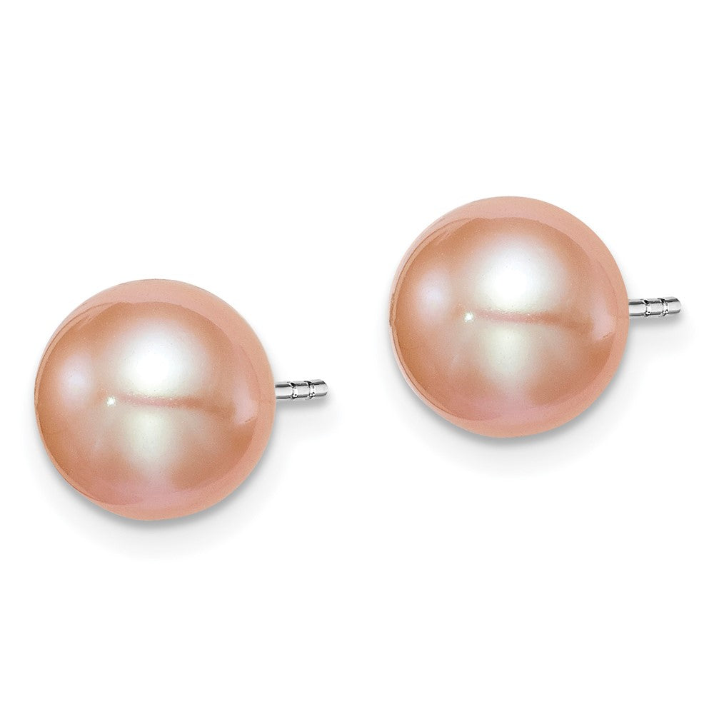 Sterling Silver Rhodium Plated 8-9mm Pink Round Freshwater Cultured Pearl Post Stud Earrings