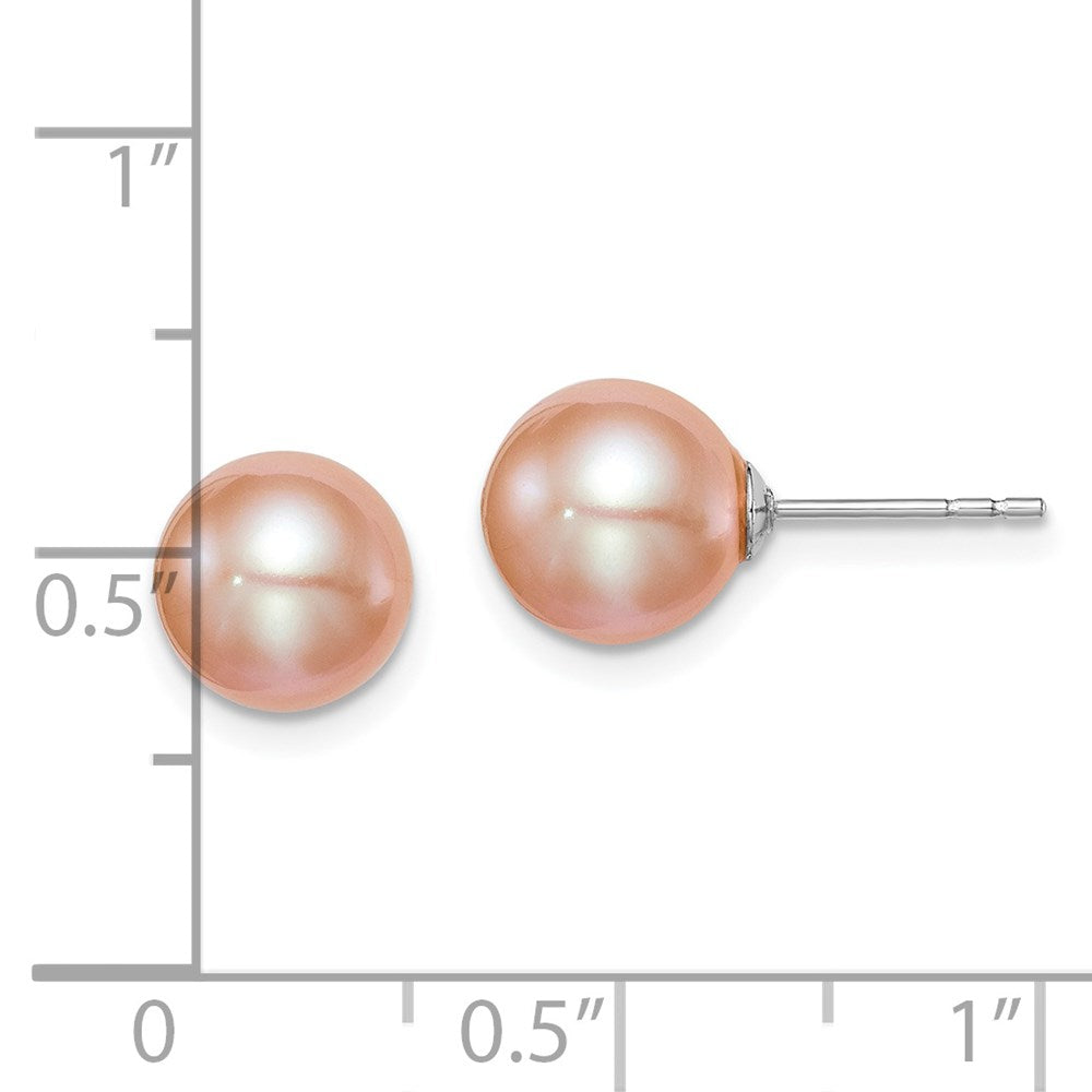 Sterling Silver Rhodium Plated 8-9mm Pink Round Freshwater Cultured Pearl Post Stud Earrings