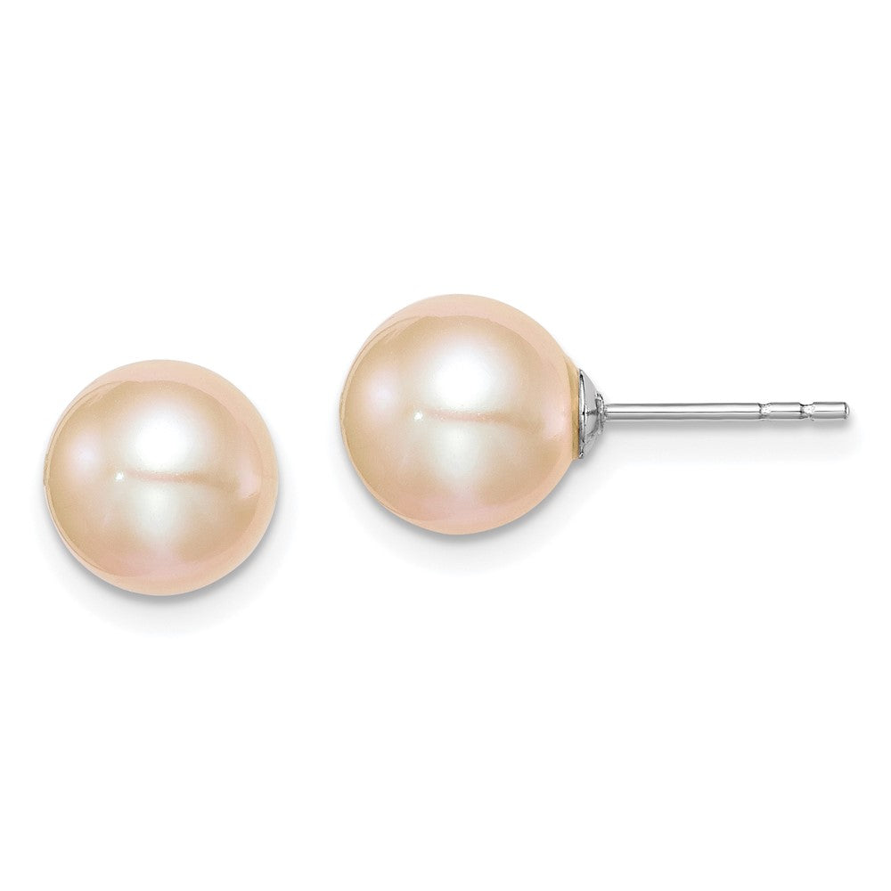 Sterling Silver Rhodium Plated 8-9mm Pink Round Freshwater Cultured Pearl Post Stud Earrings