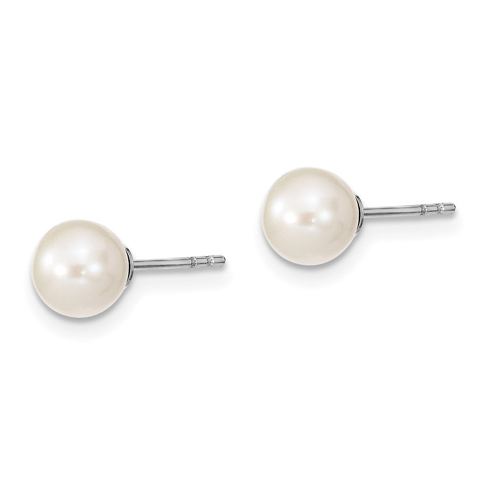 Sterling Silver Rhodium Plated 6-7mm White Round Freshwater Cultured Pearl Post Stud Earrings