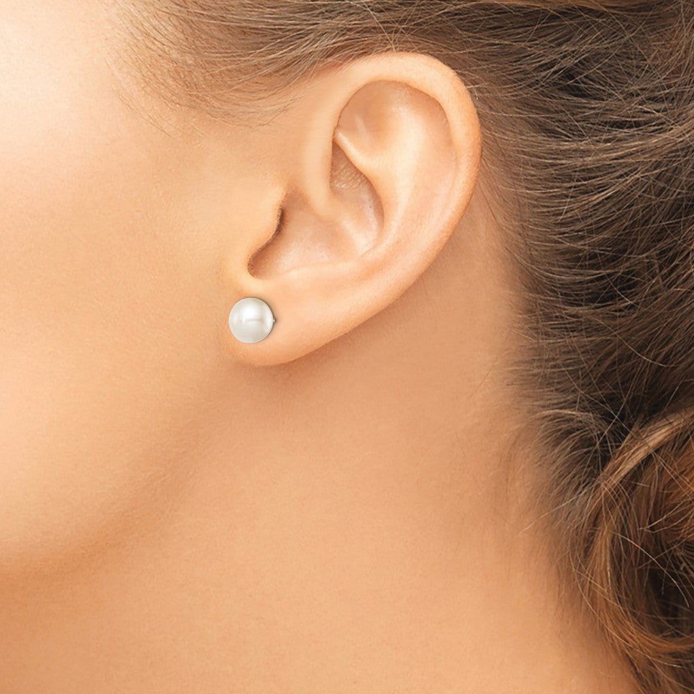 Sterling Silver Rhodium Plated 8-9mm White Round Freshwater Cultured Pearl Post Stud Earrings