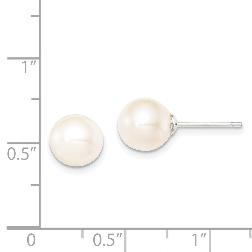 Sterling Silver Rhodium Plated 8-9mm White Round Freshwater Cultured Pearl Post Stud Earrings