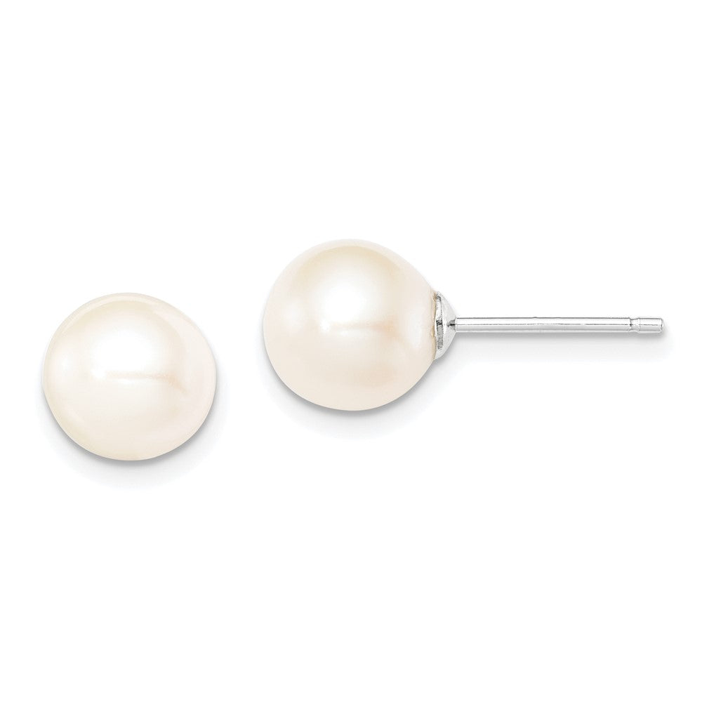 Sterling Silver Rhodium Plated 8-9mm White Round Freshwater Cultured Pearl Post Stud Earrings