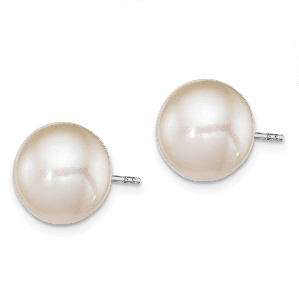 Sterling Silver Rhodium Plated 10-11mm White Round Freshwater Cultured Pearl Post Stud Earrings