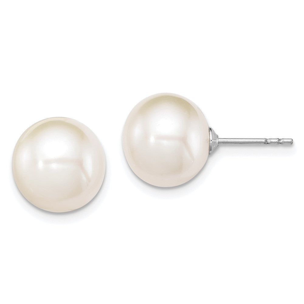 Sterling Silver Rhodium Plated 10-11mm White Round Freshwater Cultured Pearl Post Stud Earrings