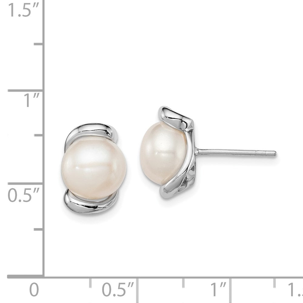 Sterling Silver Rhodium Plated 8-9mm White Freshwater Cultured Pearl Post Stud Earrings