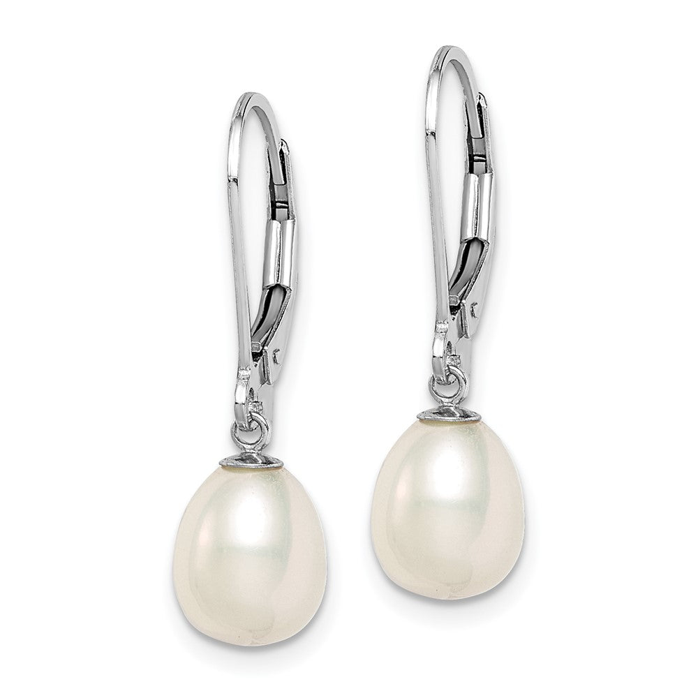 Sterling Silver Rhodium-plated Polished White 7-8mm Freshwater Cultured Pearl Leverback Dangle Earrings