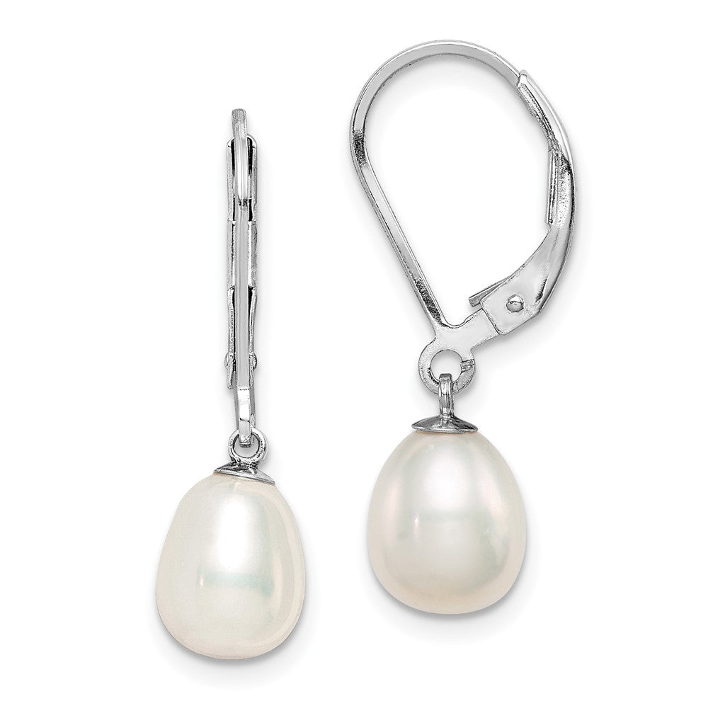 Sterling Silver Rhodium-plated Polished White 7-8mm Freshwater Cultured Pearl Leverback Dangle Earrings