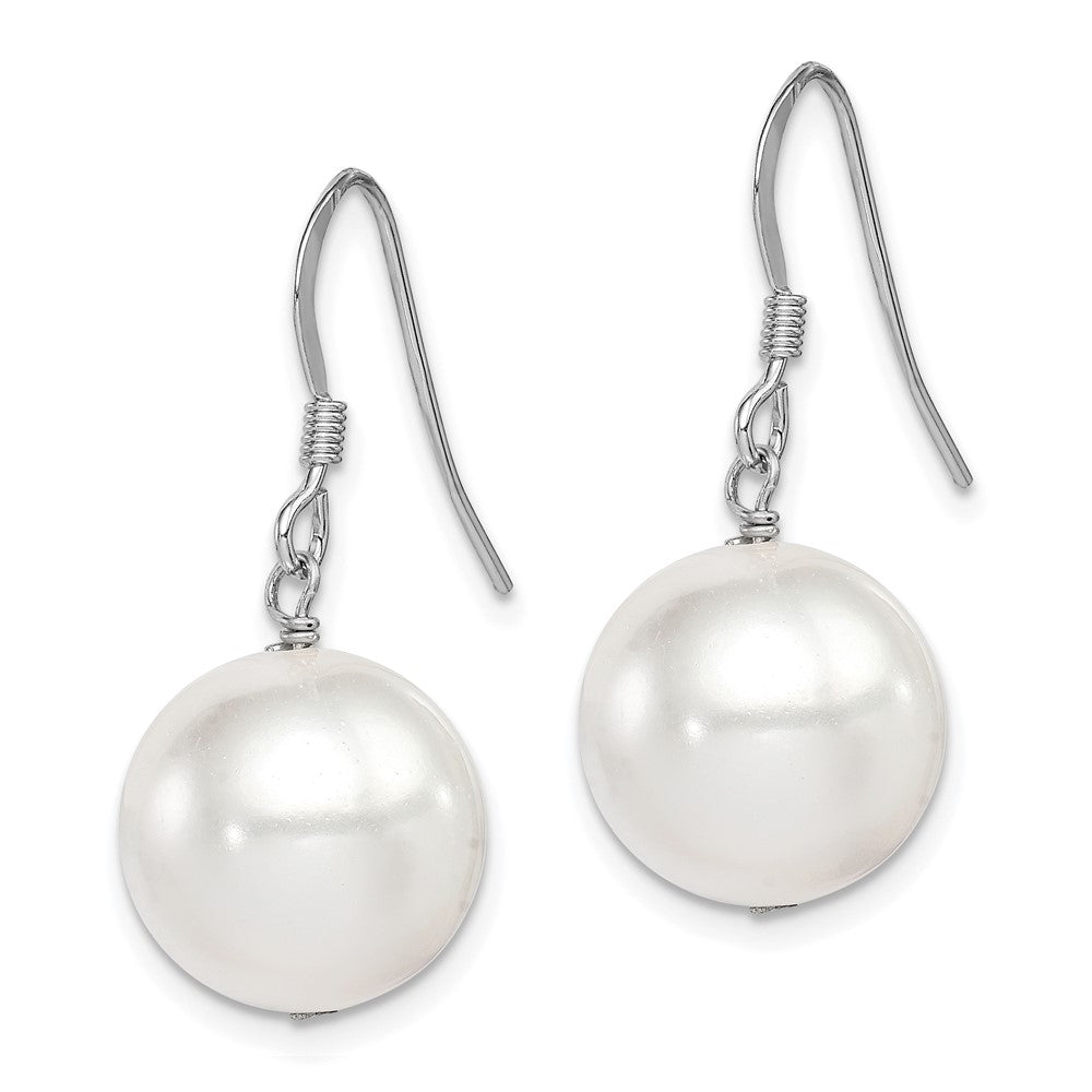 Sterling Silver Rhodium-plated Polished White 12-13mm Round Shell Pearl Dangle Earrings