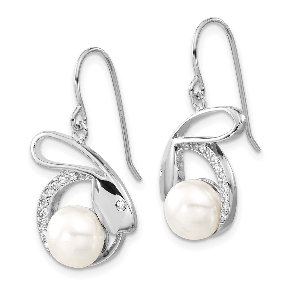 Sterling Silver Polished Freshwater Cultured Pearl & CZ Rabbit Dangle Earrings