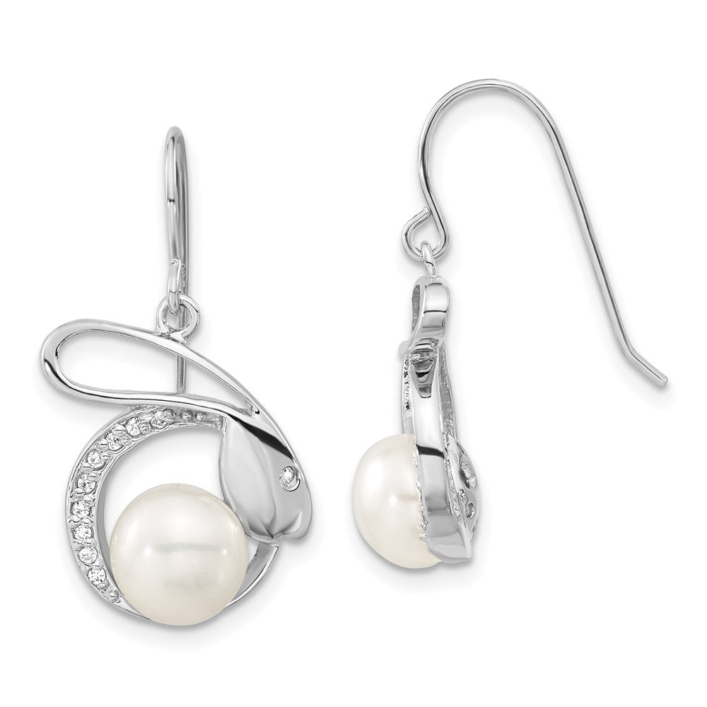 Sterling Silver Polished Freshwater Cultured Pearl & CZ Rabbit Dangle Earrings