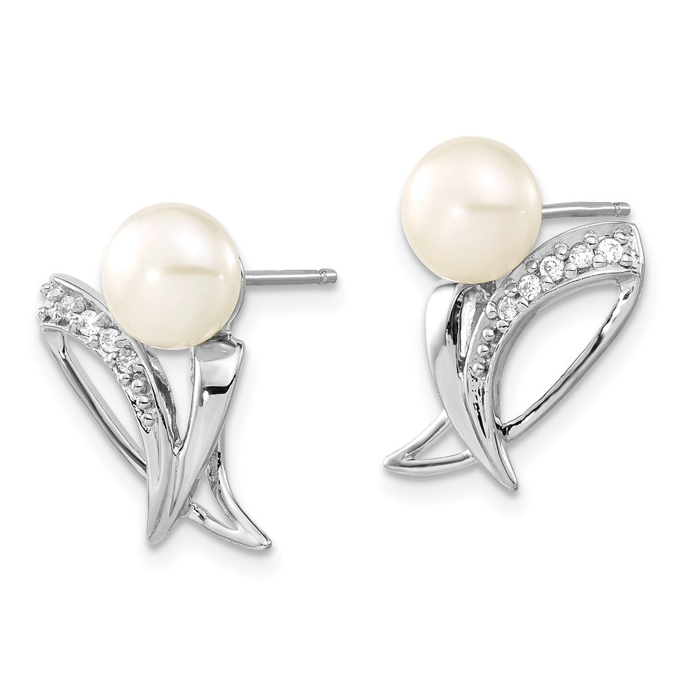 Sterling Silver Polished Freshwater Cultured Pearl Button & CZ Post Earrings