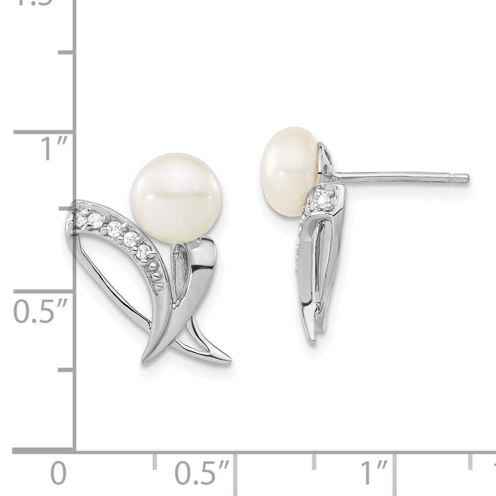 Sterling Silver Polished Freshwater Cultured Pearl Button & CZ Post Earrings