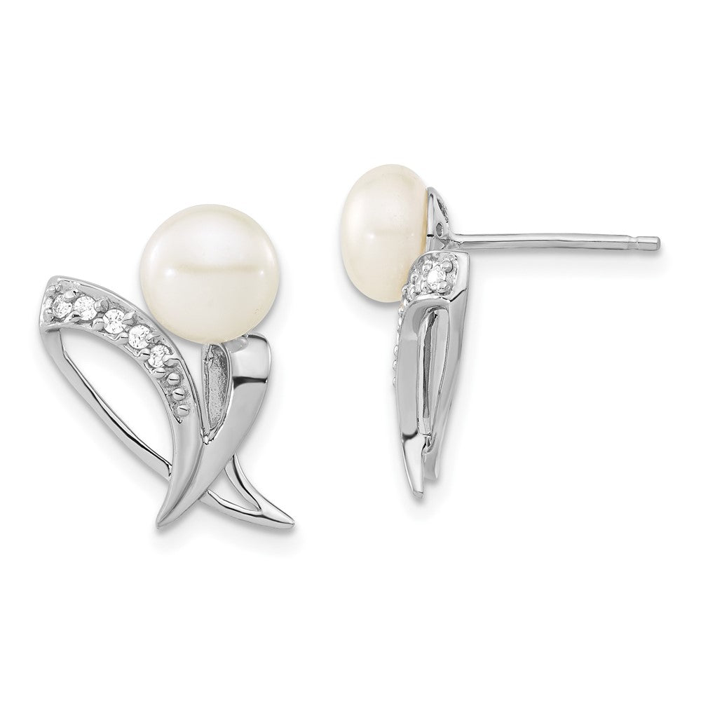 Sterling Silver Polished Freshwater Cultured Pearl Button & CZ Post Earrings