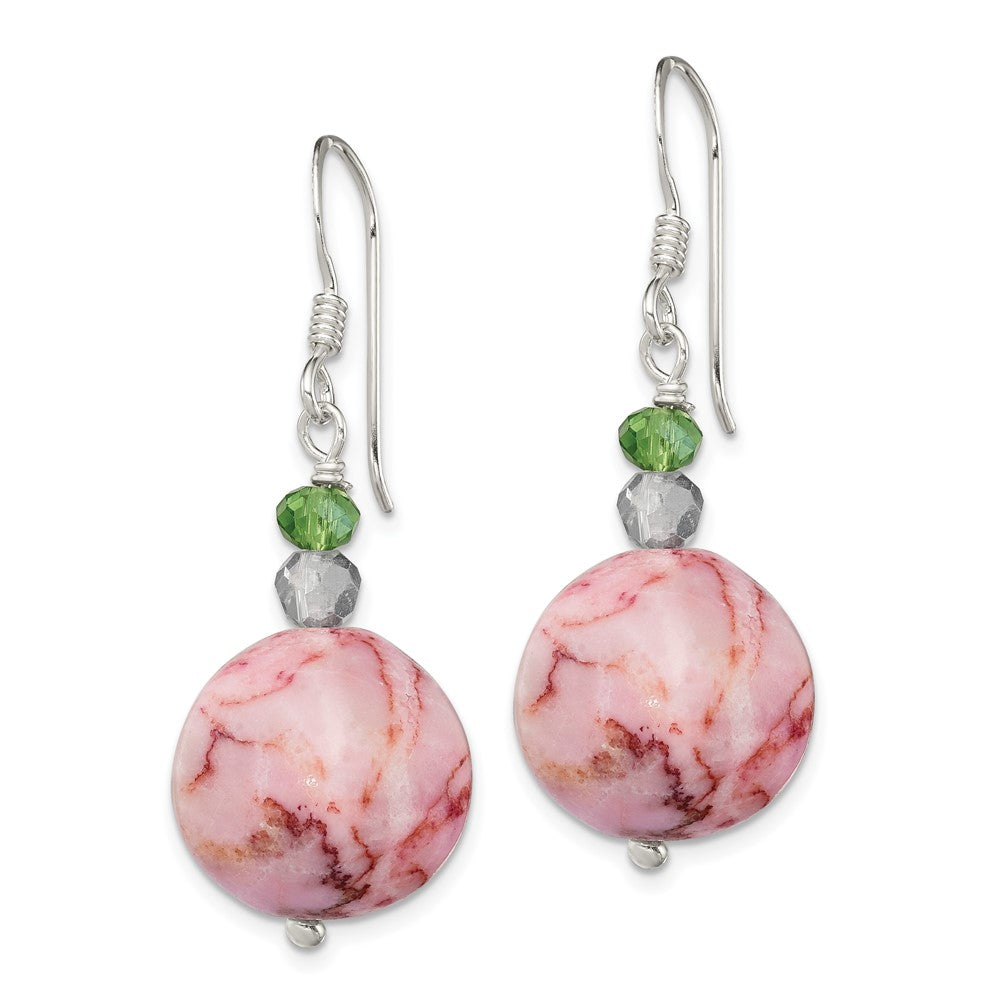 Sterling Silver Polished Green Crystal & Pink Jasper Dangle Earrings