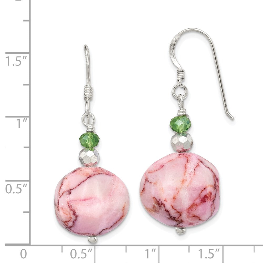 Sterling Silver Polished Green Crystal & Pink Jasper Dangle Earrings