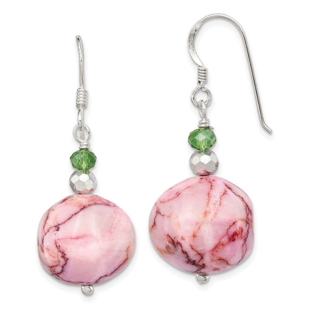 Sterling Silver Polished Green Crystal & Pink Jasper Dangle Earrings