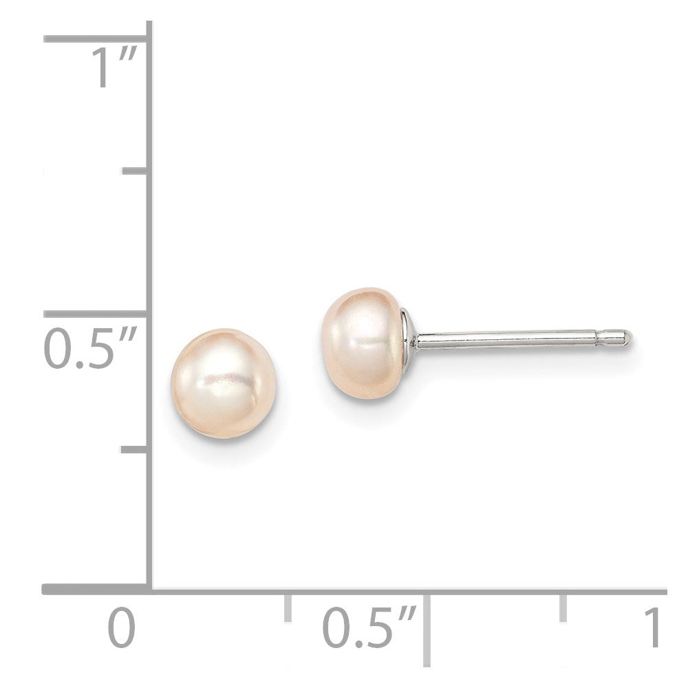 Sterling Silver Rhodium-plated Polished 4-5mm Pink Button Freshwater Cultured Pearl Children's Post Earrings