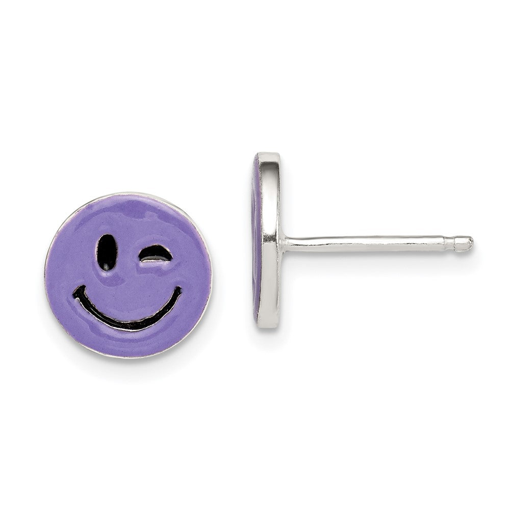 Sterling Silver Purple Enamel Winking Smiley Face Post Earrings