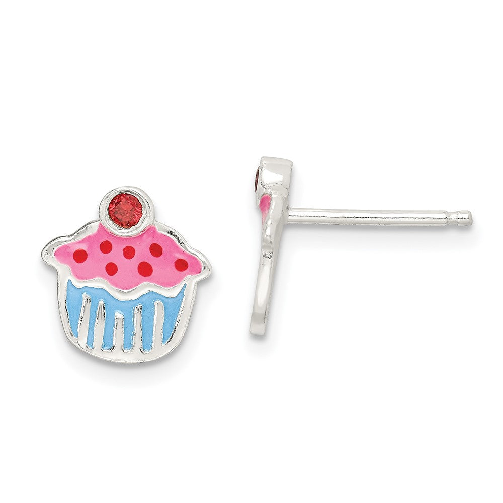 Sterling Silver Polished Enamel Garnet Cupcake Childs Post Earrings