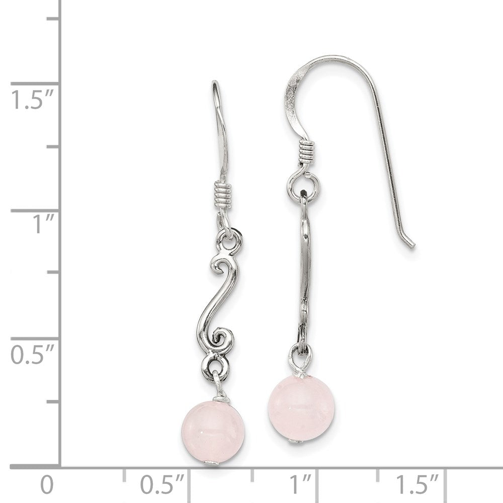 Sterling Silver Polished & Antiqued Rose Quartz Swirl Dangle Earrings