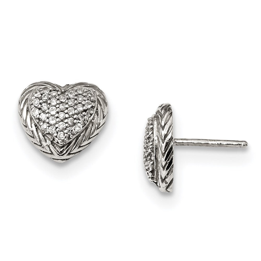 Sterling Silver CZ Textured Heart Post Earrings